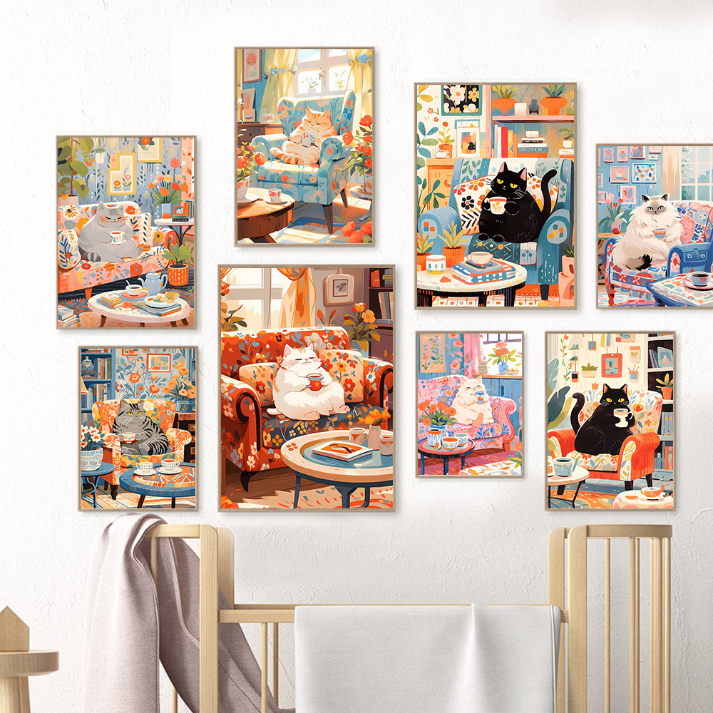 Coffee Tea Picture - Peinture sur toile de chat mignon